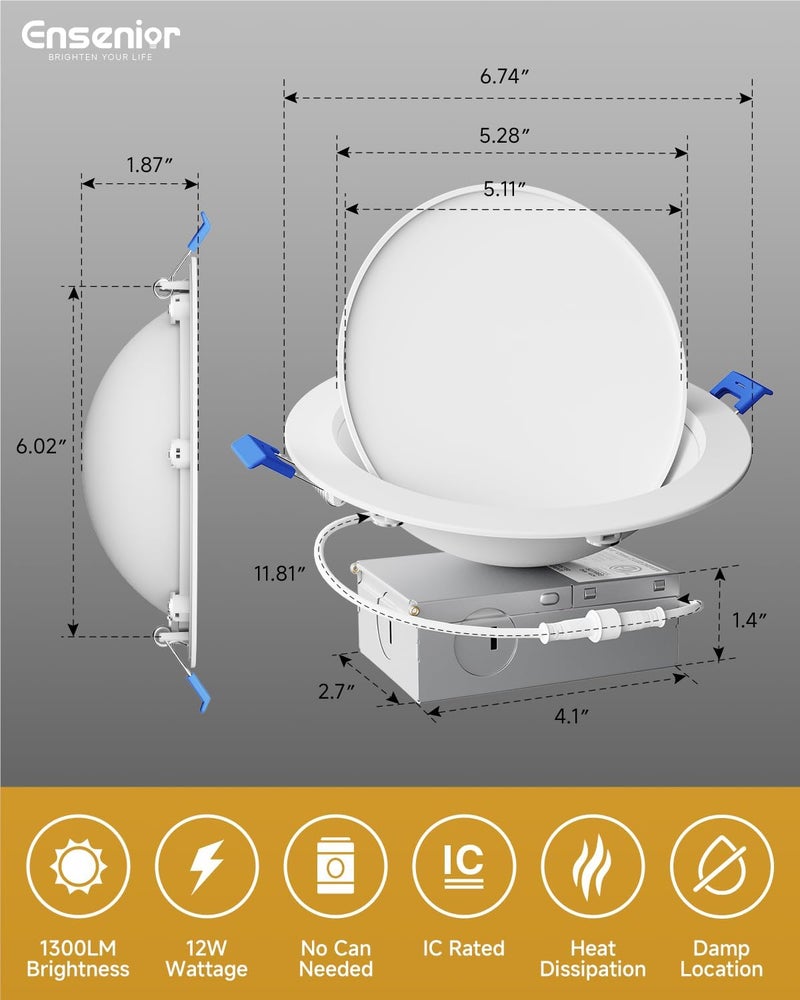 Ensenior 4 Pack 6 inch 5CCT LED Eyeball Recessed Lighting, 360°+90° Rotatable, Dimmable Gimbal Recessed Lights, Canless Angled Adjustable Ceiling Downlight, 1300LM, 12W=115W, 120V - ETL&FCC - Image 5